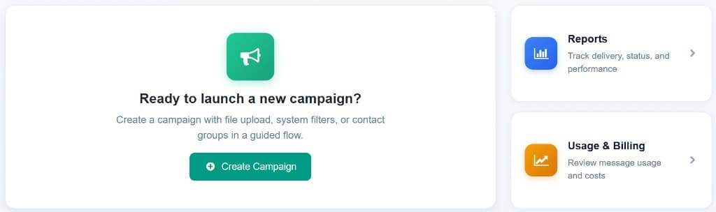 Commbots Campaigns home with Create Campaign, Reports, and Usage & Billing