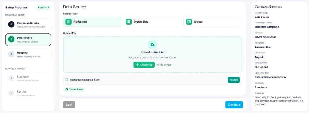 Commbots Campaigns Data Source step with File Upload, System Data and Groups