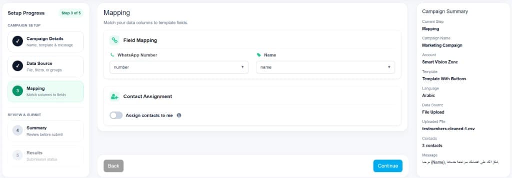 Commbots Campaigns Mapping step with field mapping and Assign contacts to me