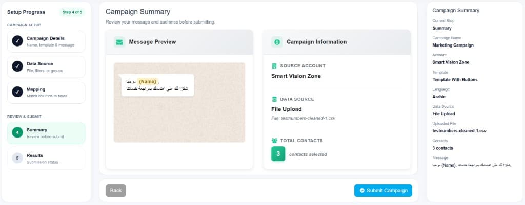 Commbots Campaign Summary with WhatsApp message preview and Submit Campaign
